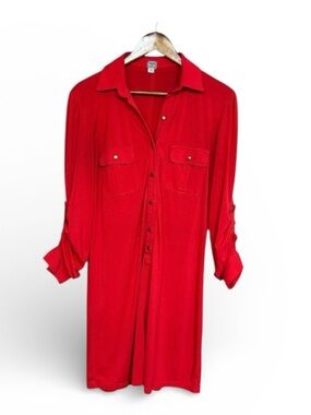 Poof! Red Stretchy Cotton Blend Roll Tab Sleeve Shirt Dress Size M